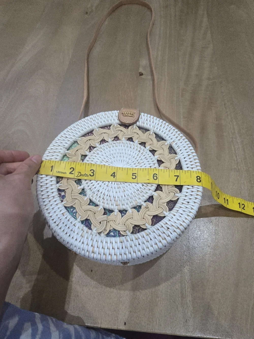 Amerii Handwoven White Rattan Medallion Crossbody Bag with Batik Lining